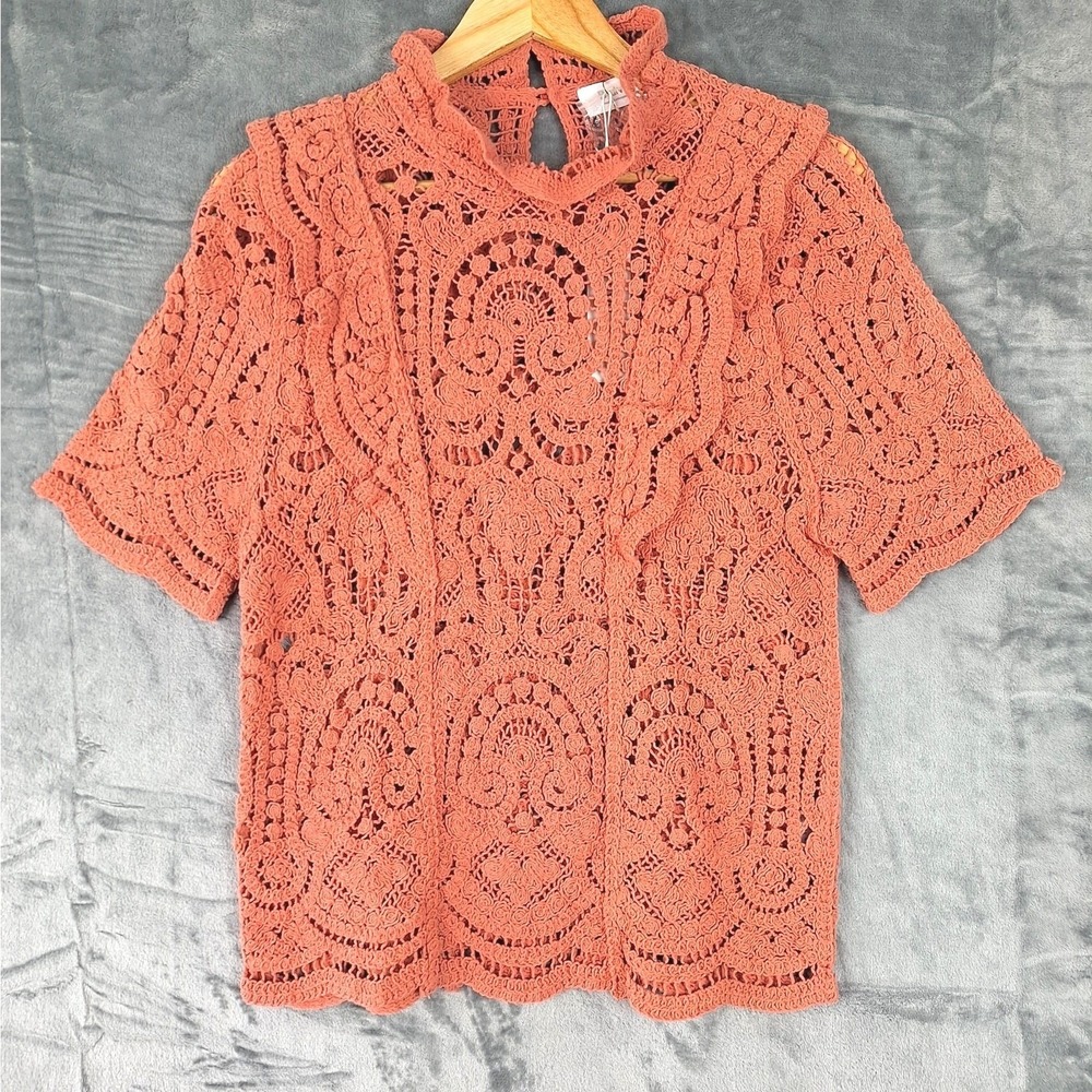 Womens Top Medium Boho Fairy Crochet Peasant Sheer Floral Lace Ruffle Festival